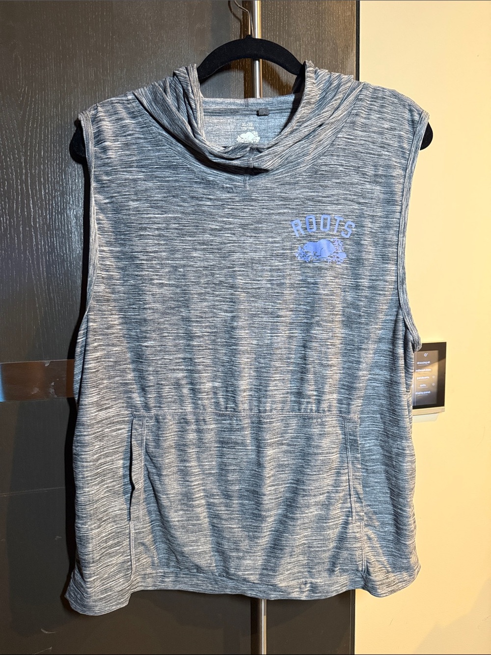 Roots Women's Sleeveless Muscle Tee Hoodie in Heather Gray with Light Blue Logo